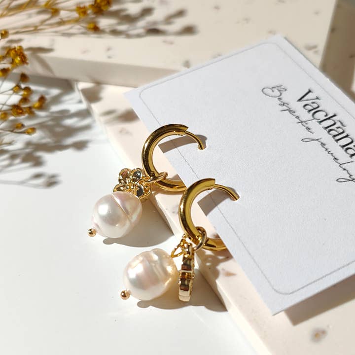 Vachana - Wholesale Hoop Earrings - Chucky Pearl & Golden Cherry Blossom Hoop Earrings