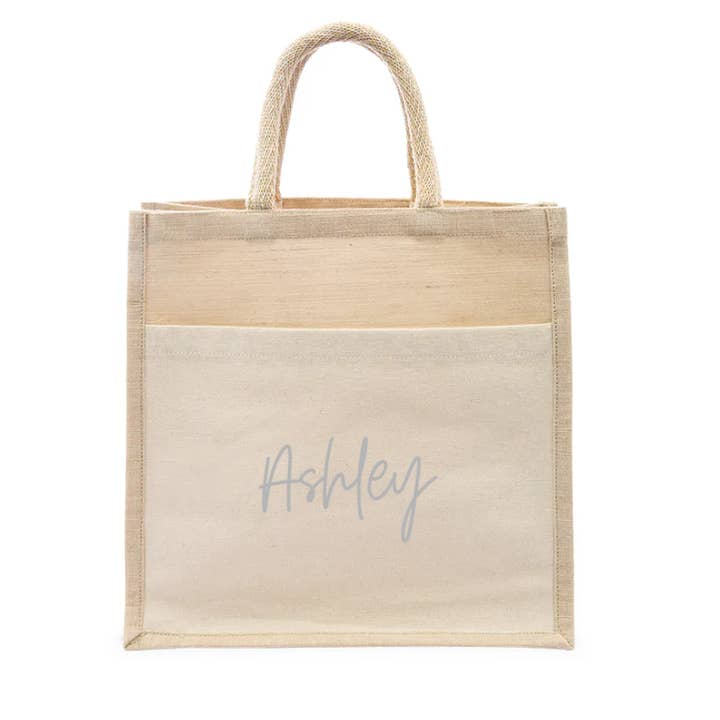 Weddingstar Inc. - Wholesale Tote Bag - Women's - Medium Woven Jute Tote Bag With Pocket - Script Font10