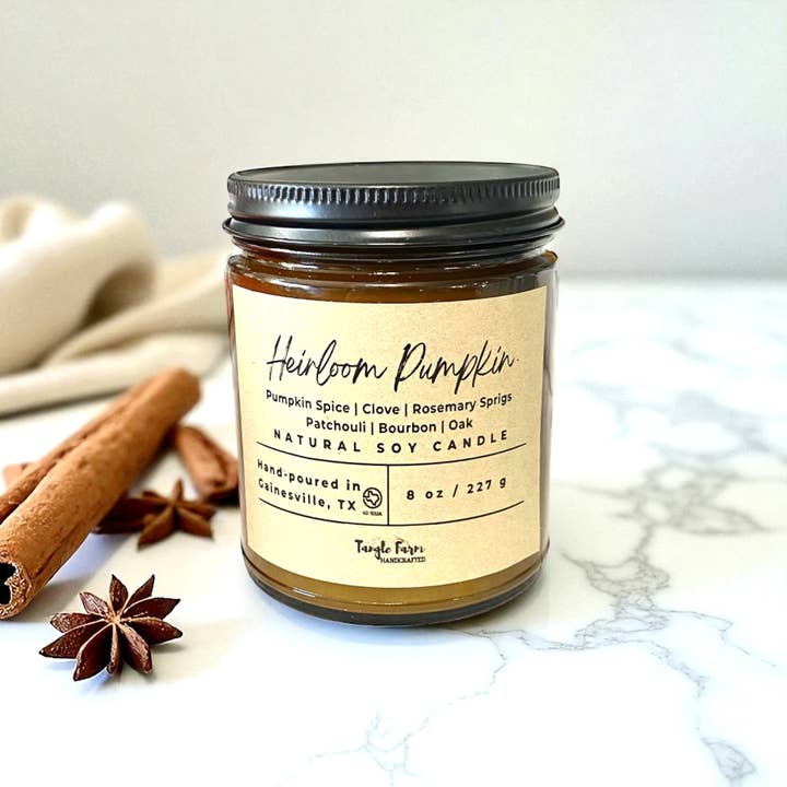 Heirloom Pumpkin Soy Candle for wholesale by Tangle Farm Handcrafted