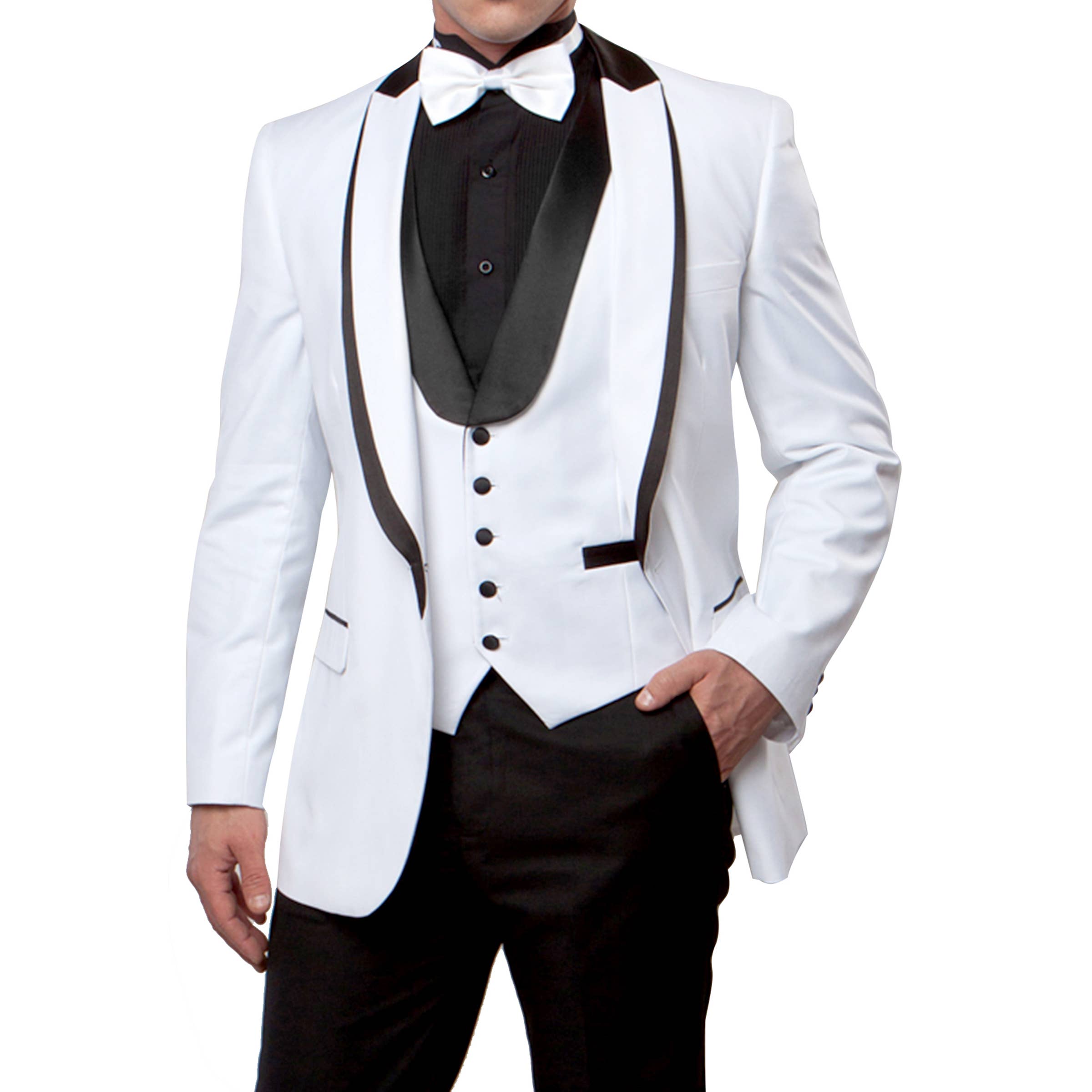 White Black Wedding Tuxedos, 3 PC Tuxedo set w/ Satin Trim, White/Black for wholesale on Faire1
