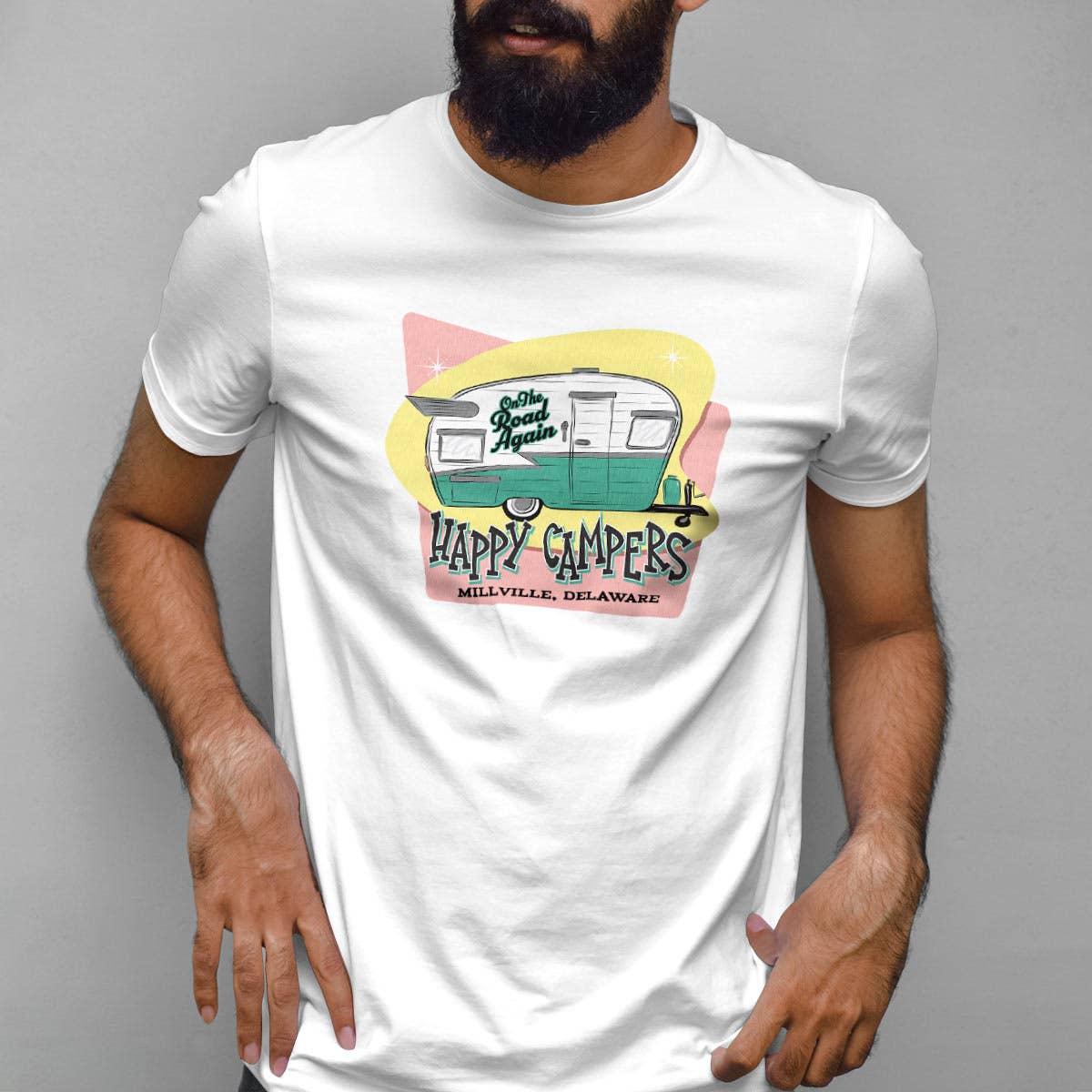 RetroPlanet - Wholesale Screen Printed T-Shirt - Unisex - Happy Campers T-Shirt Name Drop Adult Unisex S-2X4