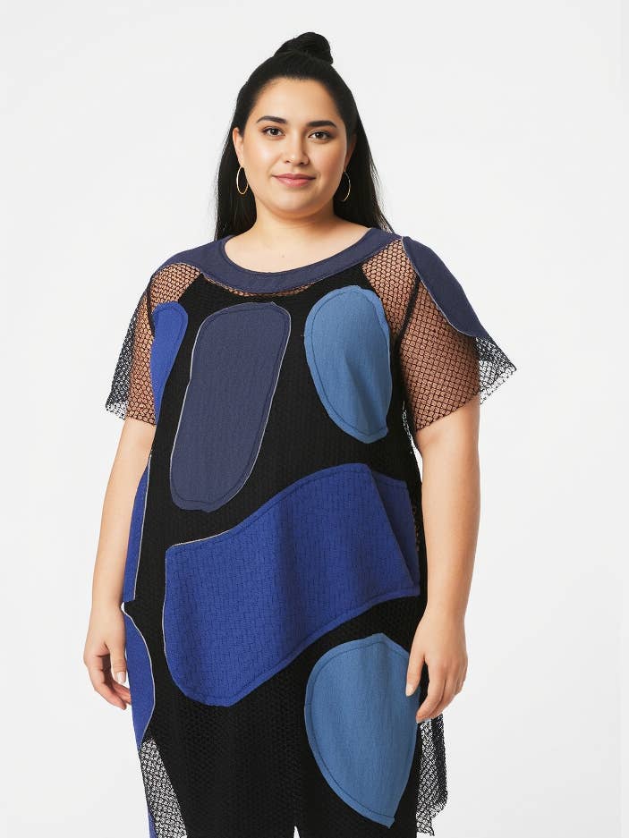 Plus size openwork tunic with denim insert (C6553&BLUE) for wholesale by Pomme Rouge Paris