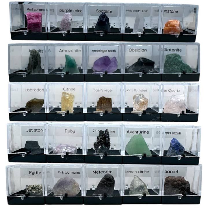 Foliesbijoux - Vendita all'ingrosso Pietra/cristallo spirituale - Scatola in plexiglass con 25 minerali A+