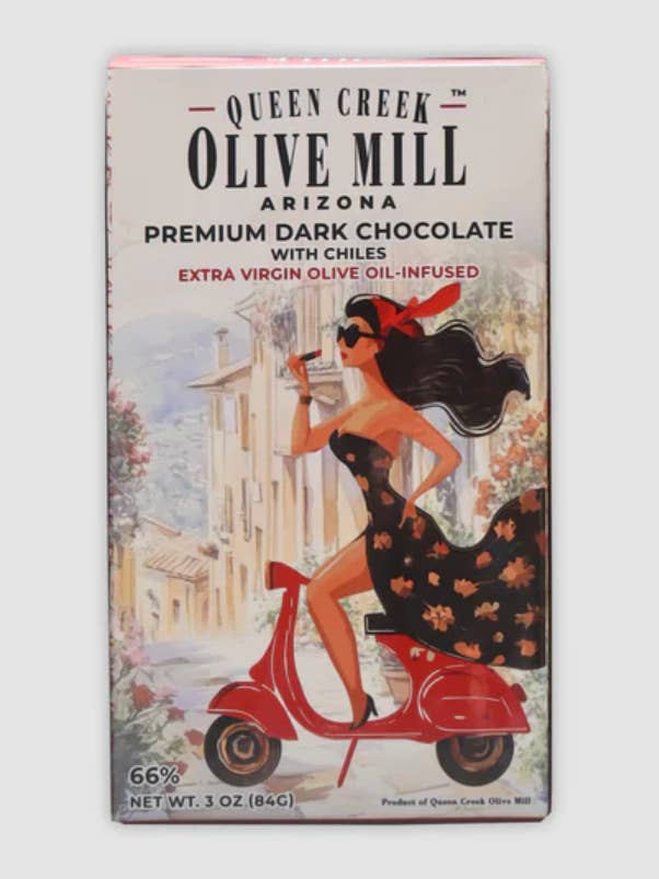 Tablette de chocolat noir premium 66% avec piments infusés à l'huile d'olive extra vierge - 85g pour la vente par Queen Creek Olive Mill