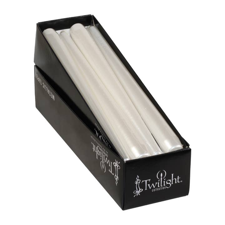 10 Inch White Metallic Taper Candle | 12 Pack for wholesale by Twilight Collection