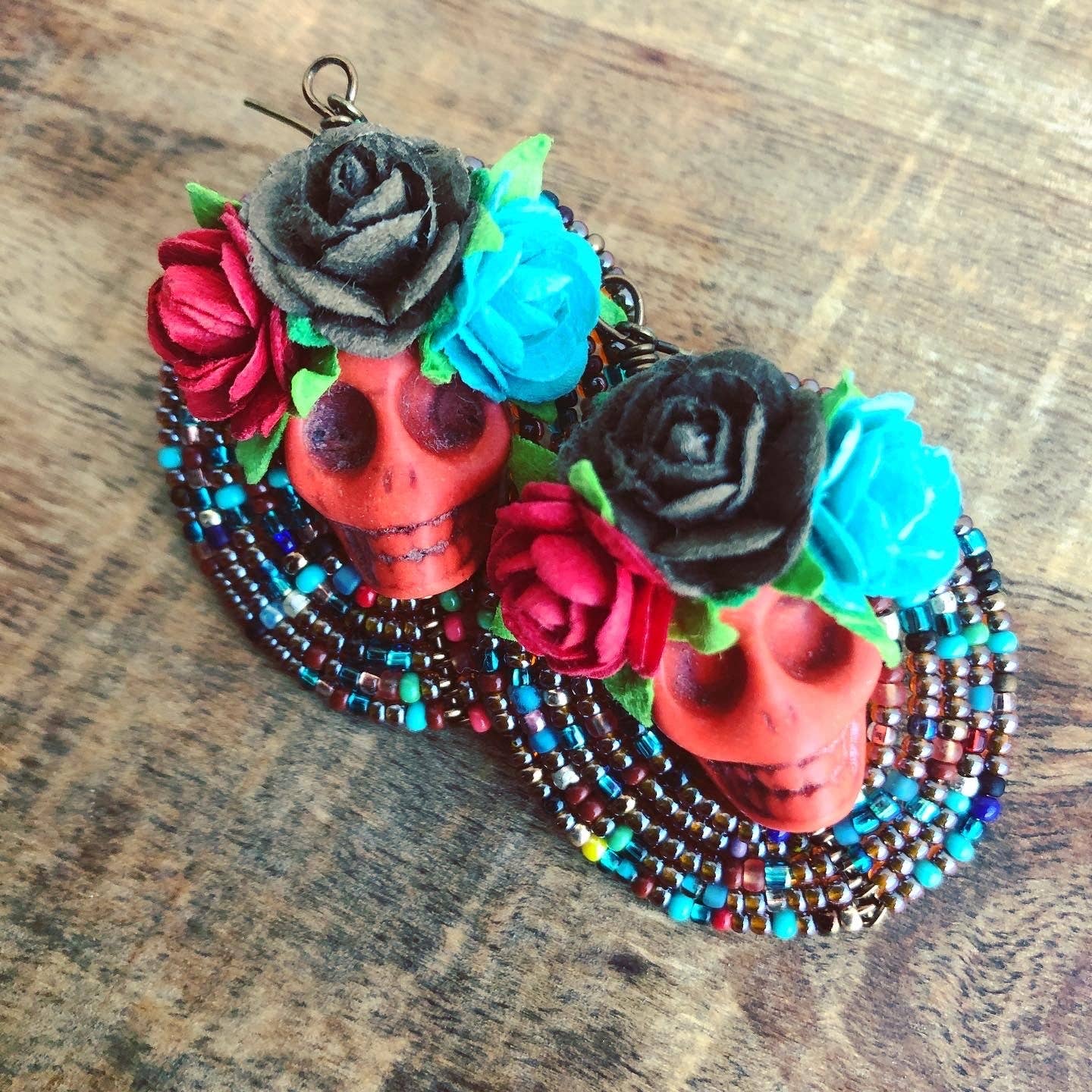 MorninGloria's - Wholesale Dangle Earrings - Dia De Los Muertos Frida Kahlo Flor Calavera Beaded Earrings2