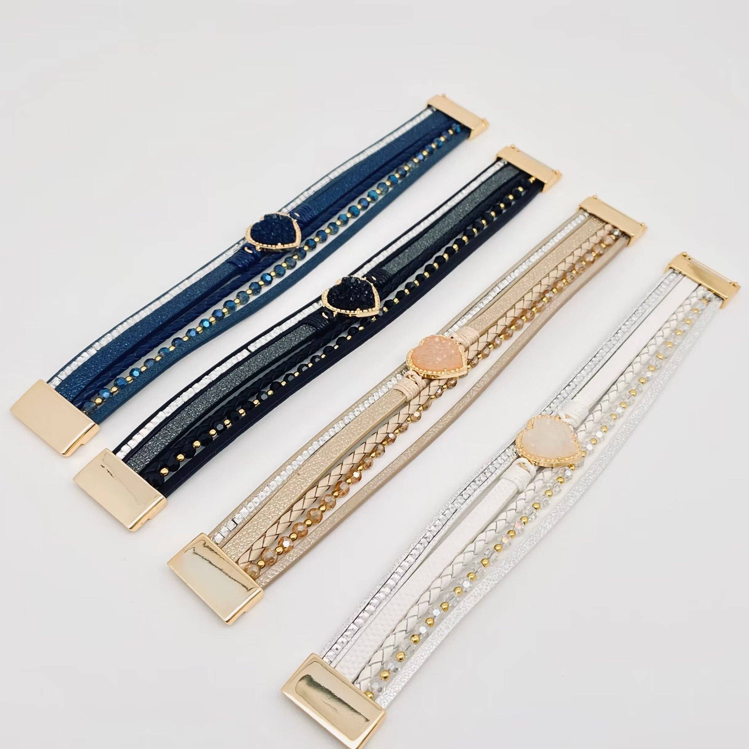 Mio Queena - Vente Bracelet jonc - Bracelet en cuir tissé à breloques en forme de cœur | Boucle magnétique - BJ/LB5