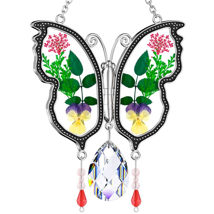 Longshinnning – wholesale Suncatcher – Holiday Butterfly Suncatcher – Real Flowers and Crystal Window Ornament1