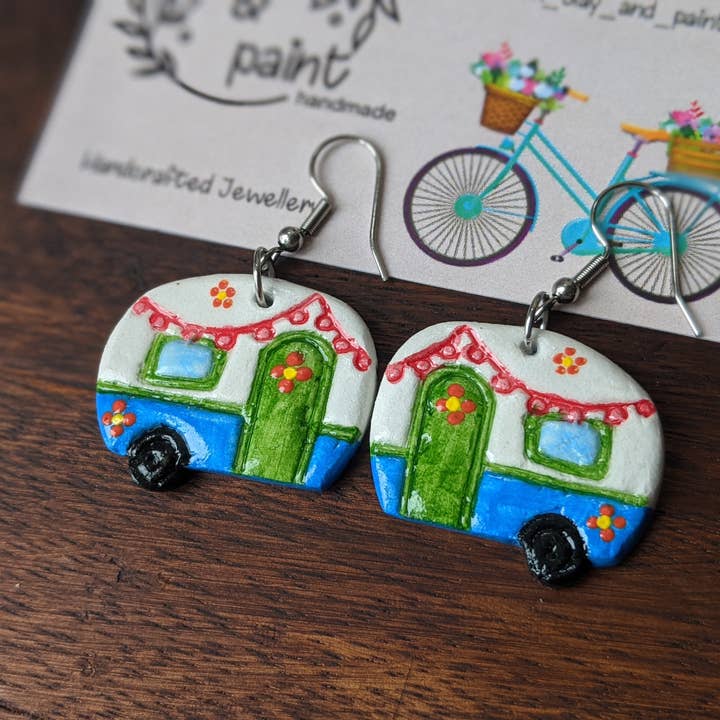 Caravan colourful earrings, hippie van jewellery for wholesale by With Clay & Paint