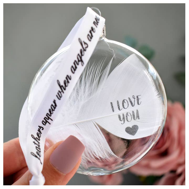 I LOVE YOU Bauble Glass Round. Real White Feather for wholesale by Amaya Rose Ltd.