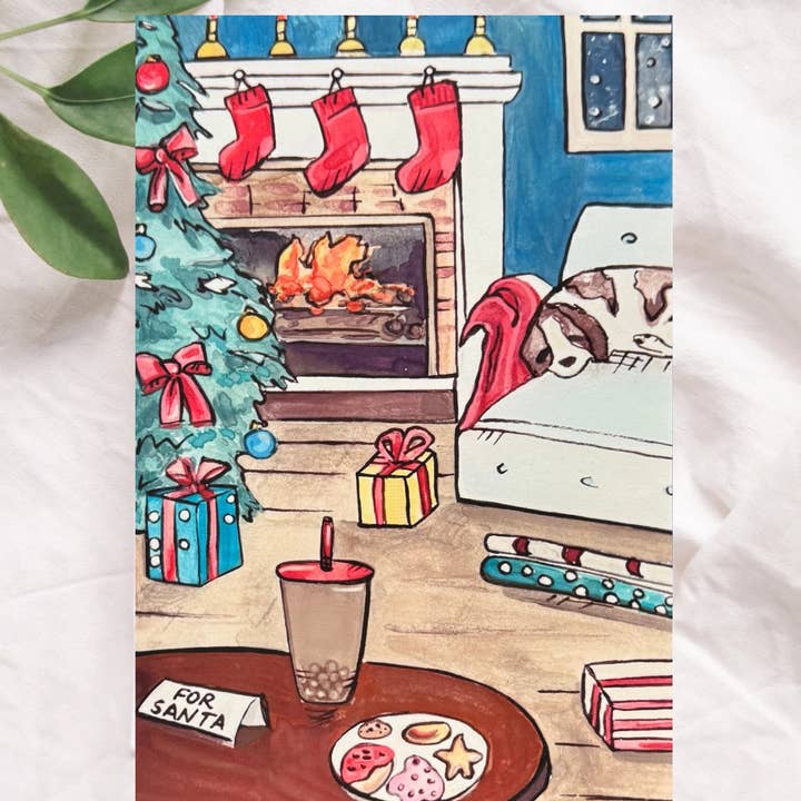 Christmas Fireplace Card – Boba for Santa Holiday Art for wholesale by Kubytovych Studio