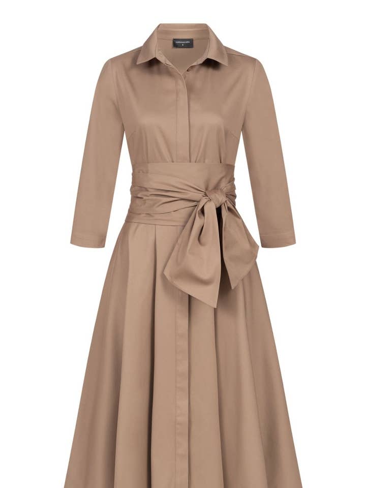Shirt dress with tie belt taupe for wholesale by Marianna Déri GmbH