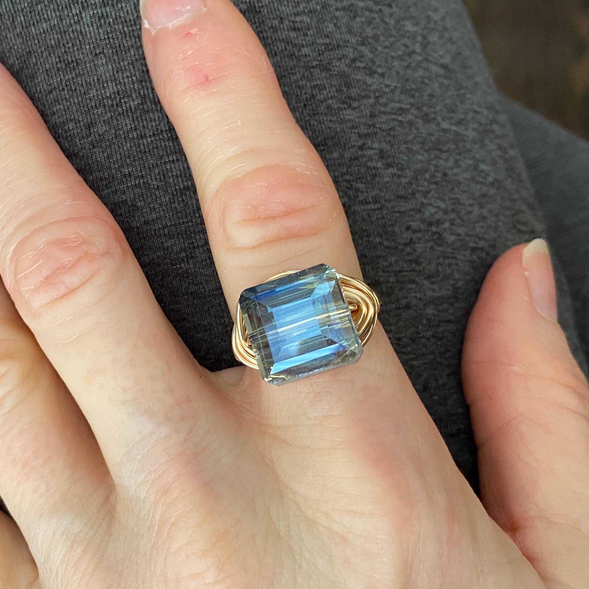 Marble Designs Jewelry - Wholesale Cocktail/Statement Ring - Blue Square Crystal Gold Wire Wrapped Ring StatementCocktail3