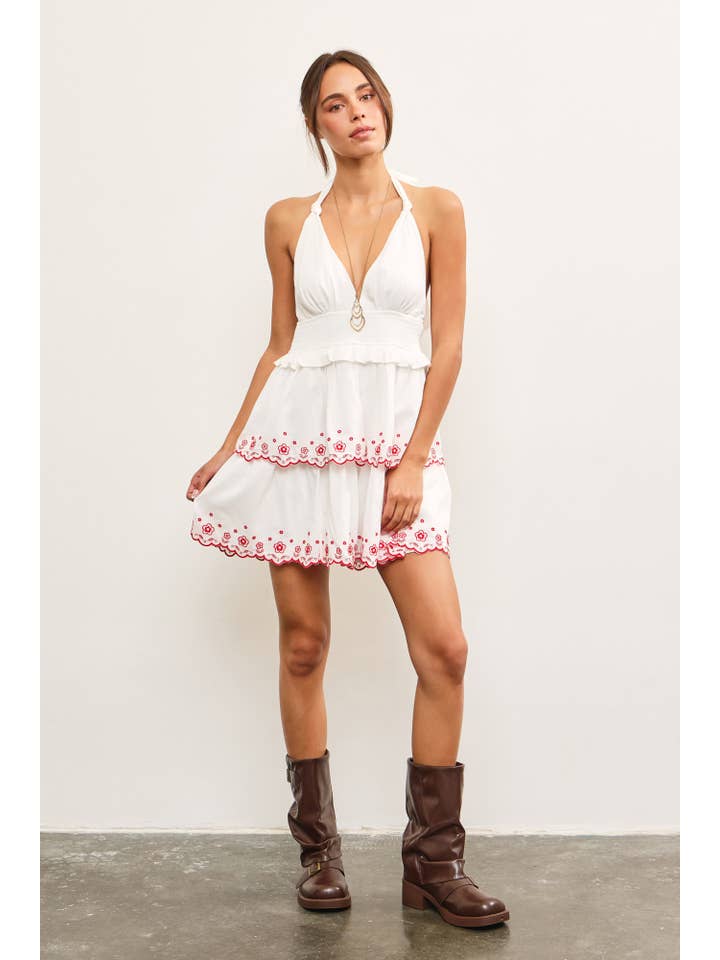 Mustard Seed - Wholesale Dress - Women's - HALTER NECK SMOCKED WAIST EMBROIDERED TIERED DRESS5