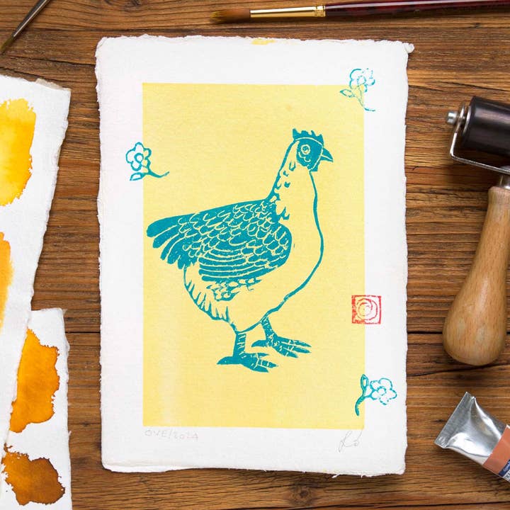 Impressão artística de parede, linoleografia Galinha vertical por atacado de Holy Kaw Wall Art