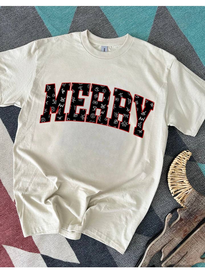 Gunpowder and Glam Boutique - Wholesale Screen Printed T-Shirt - Women's - Cattle Brand Merry Tee or Crewneck 1