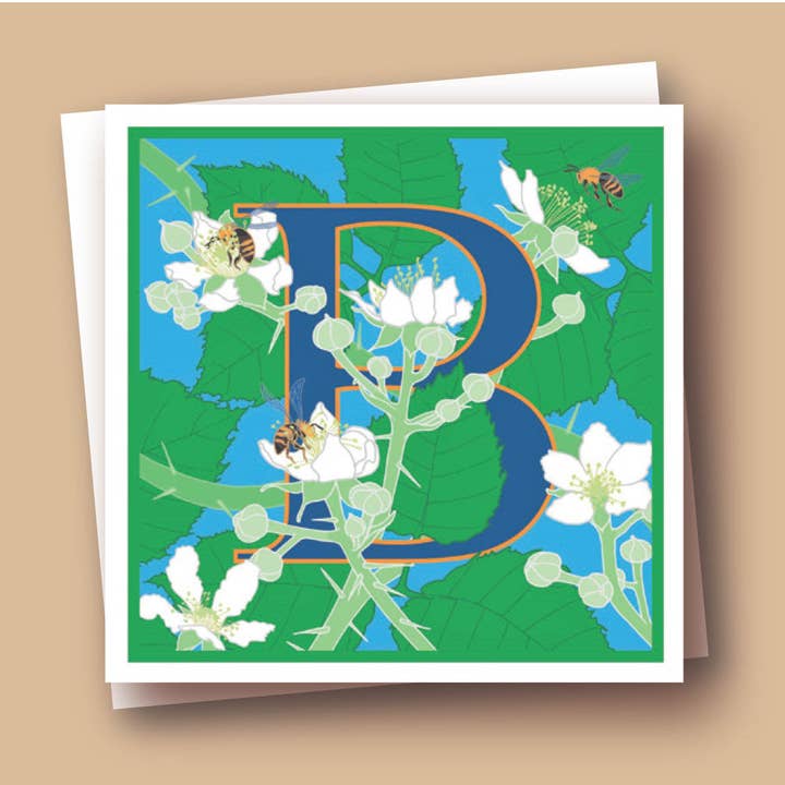 B is for Bramble Blossom and Bees Greetings Card for wholesale by Umbellifer