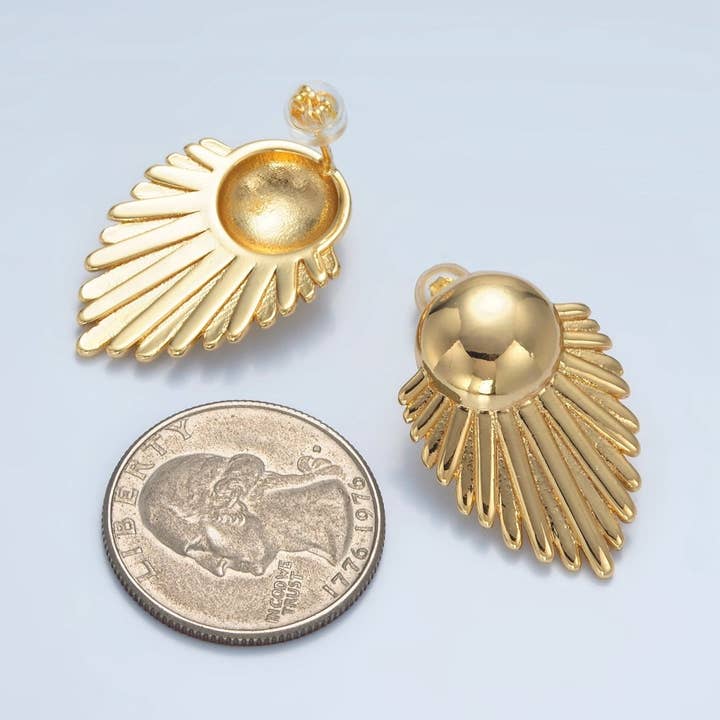 Aim Eternal - Wholesale Stud/Post Earrings - 24K Gold Filled Dome Sunburst Feather Door Knob Stud Earrings | AD7273