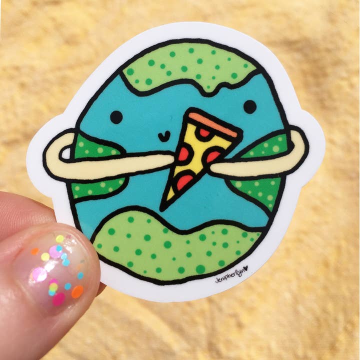 Peace and Pizza (on Earth), Vinyl Sticker -BACK IN STOCK! for wholesale by Jenipher Lyn / Nightly Doodles