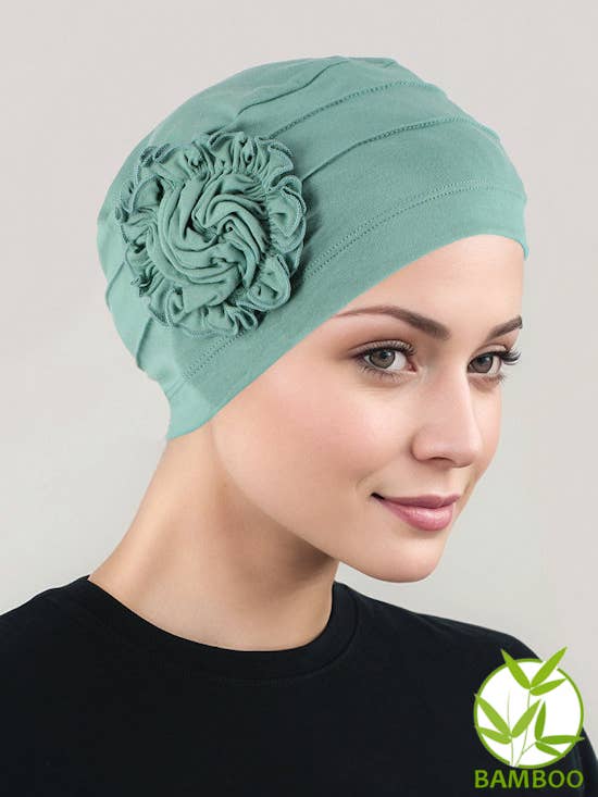 Bamboo Pleated Sunflower Cap Sage Green for wholesale by Turban Plus