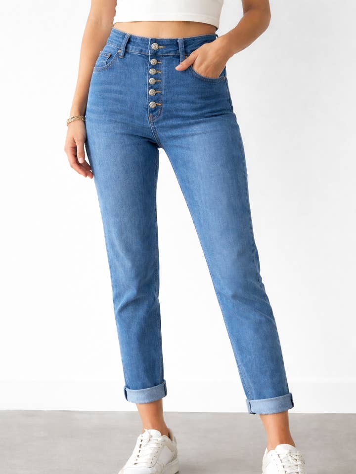 Denim Turn Up Voggo Jean with Silver Embellished Buttons for wholesale by Kurt Muller