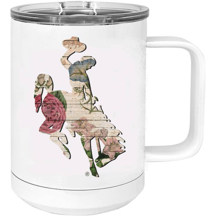 Barnwood Floral Wyoming Bucking Horse 12oz Travel Mug for wholesale by This Joyful Home