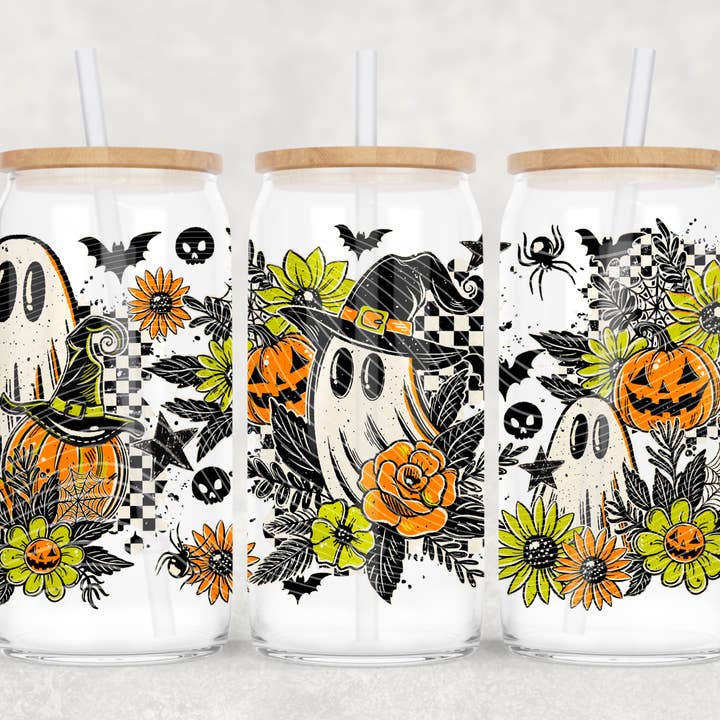 Red Dirt Transfers - Wholesale Sublimation Transfer - Floral Ghostie UV DTF Libbey Transfer | Trendy Halloween Libbey Wrap | Ready to Transfer | High Quality | Waterproof UV Transfer