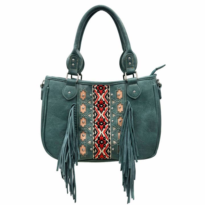 Lunar Deer – Engroshandel Skuldertaske – til kvinder – Aztekisk stammeprint frynse vestlig håndtaske pung3