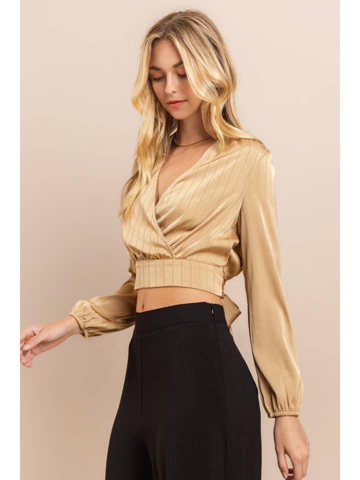 AIBLEE - Wholesale Blouse - Women's - Striped Wrap Front Crop Top with Back Tie Blouse7