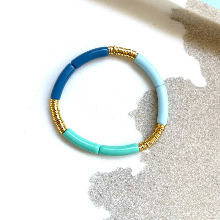 Small Blue & Green Acrylic Tube and Gold Disc Bracelet for wholesale by molliPOP Design