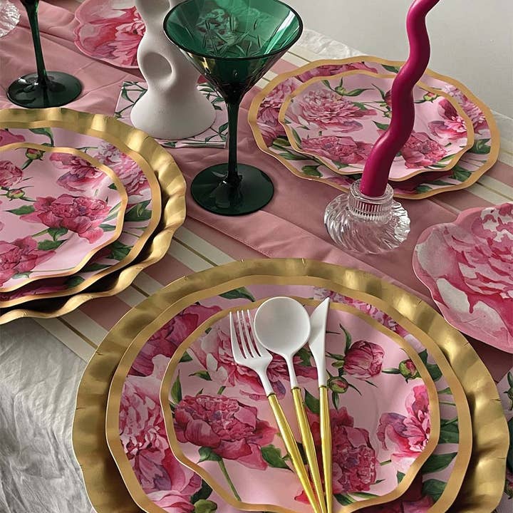 Sophistiplate - Wholesale Disposable Plate - Wavy Dinner Plate Pink Peonies - 8pkg