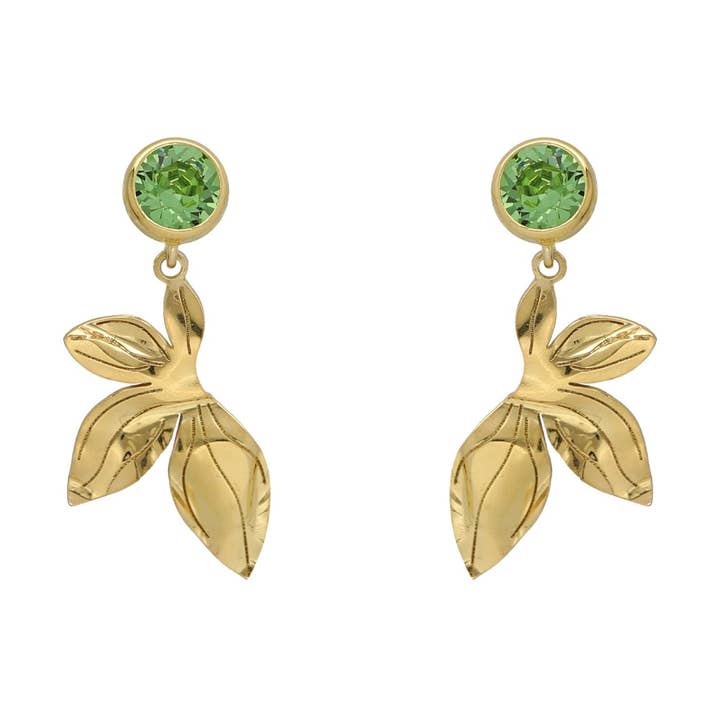 Boucles d'oreilles longues feuille Bom Dia avec cristal bleu 7mm en Argent plaqué Rhodium pour la vente par Victoria Cruz