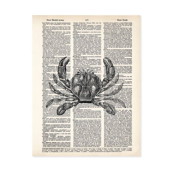 Crab - Vintage Etching of a Crab on Dictionary Page for wholesale by Blue Twist & Co