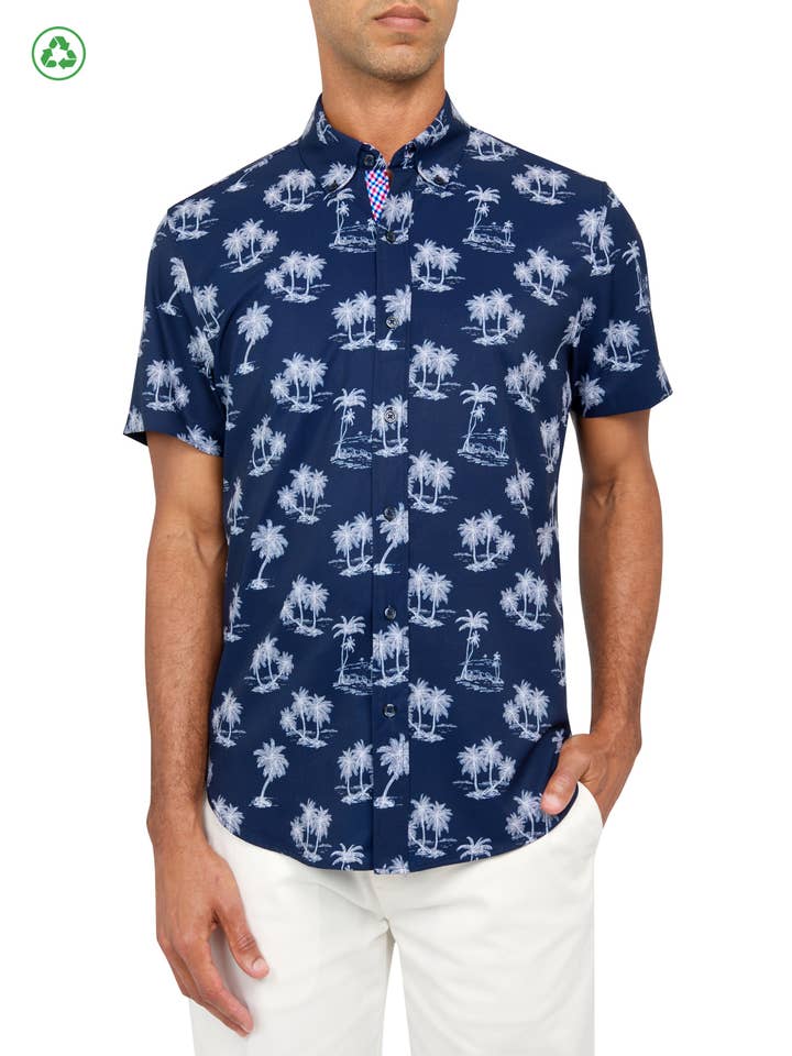 NAVY PALM TREES 4-WAY STRETCH RECYCLED SHORT SLEEVE SHIRT for wholesale on Faire