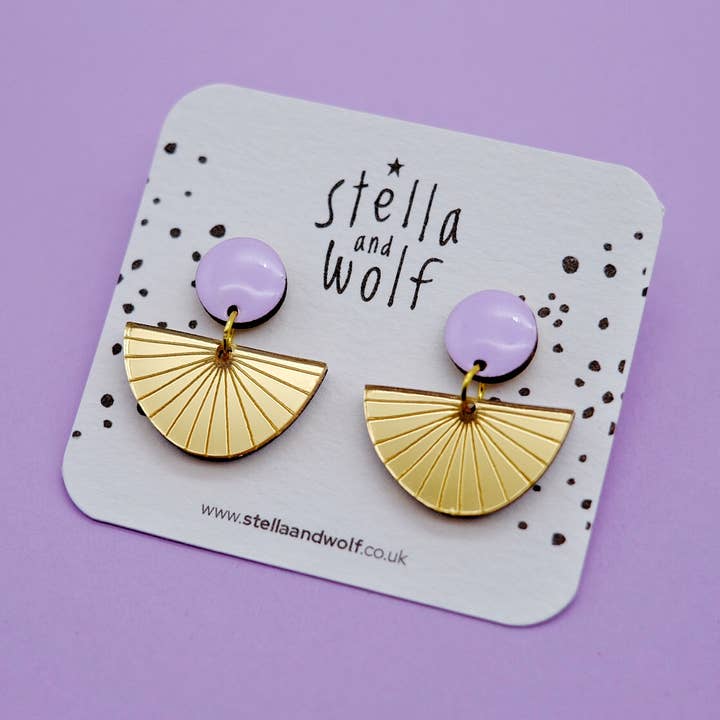 Stella and Wolf - Wholesale Dangle Earrings - Lilac and Gold sunburst deco statement earrings