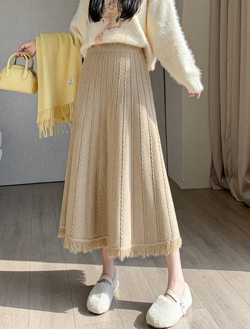 Katinki - Wholesale Skirt - Women's - Knit A-Line Midi Skirt with Fringe Hem6