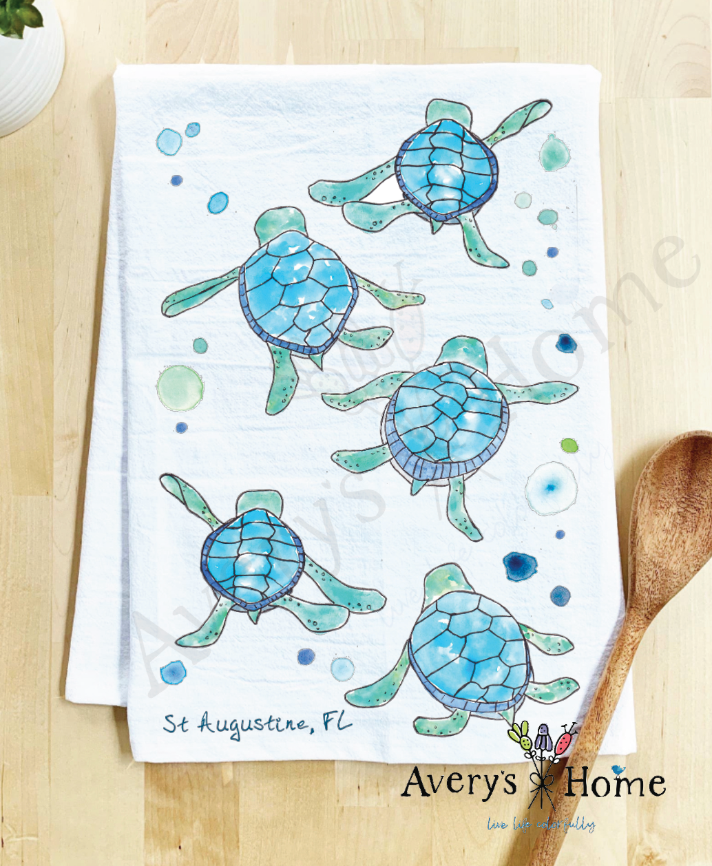 Avery's Home - Vente Torchons - Serviette de cuisine personnalisable avec adorables bébés tortues marchant sur la côte43