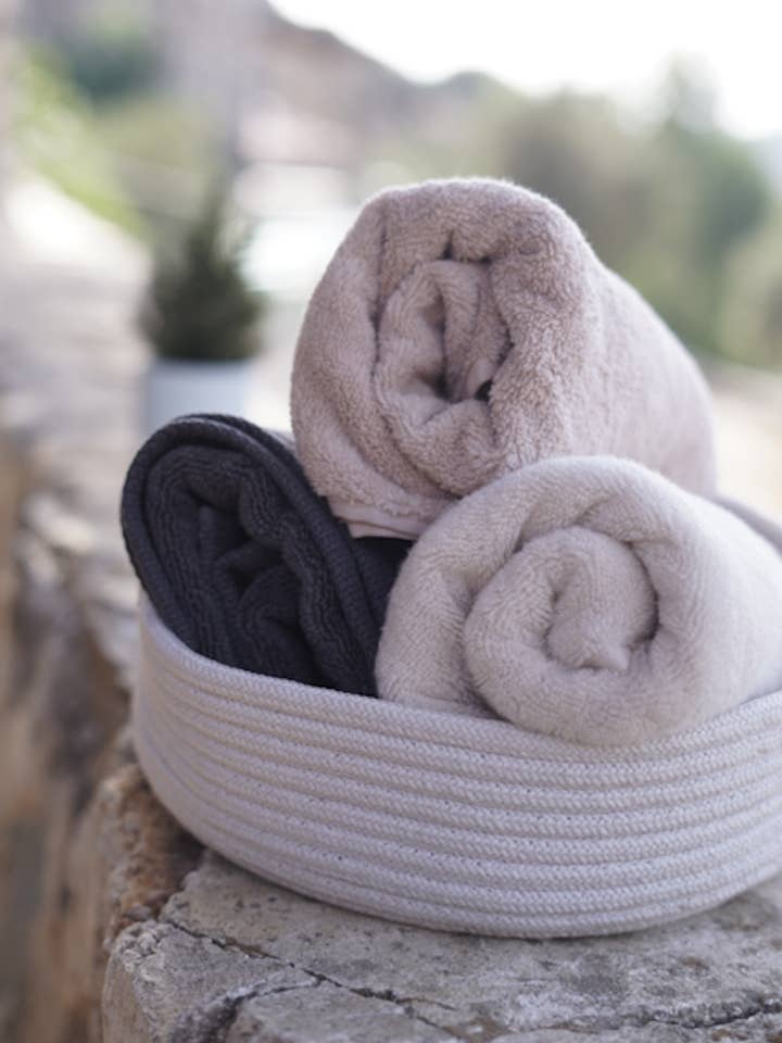 Plush Lite 500-Gram Aegean Cotton Guest Bath and Hand Towel Set in a cylinder for wholesale by MINOA