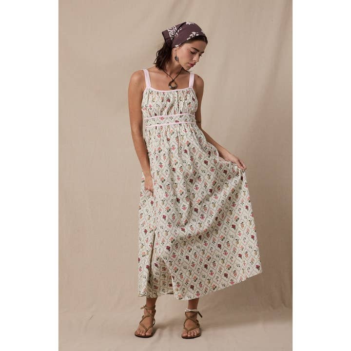 CREAM COMBO FLORAL SLEEVELESS MIDI DRESS / WL25-11629 for wholesale on Faire3