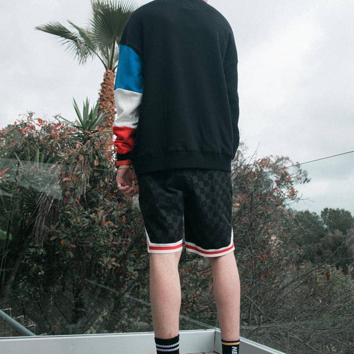 Konus Men's Tonal Checkered Shorts with Tape in Black for wholesale on Faire8