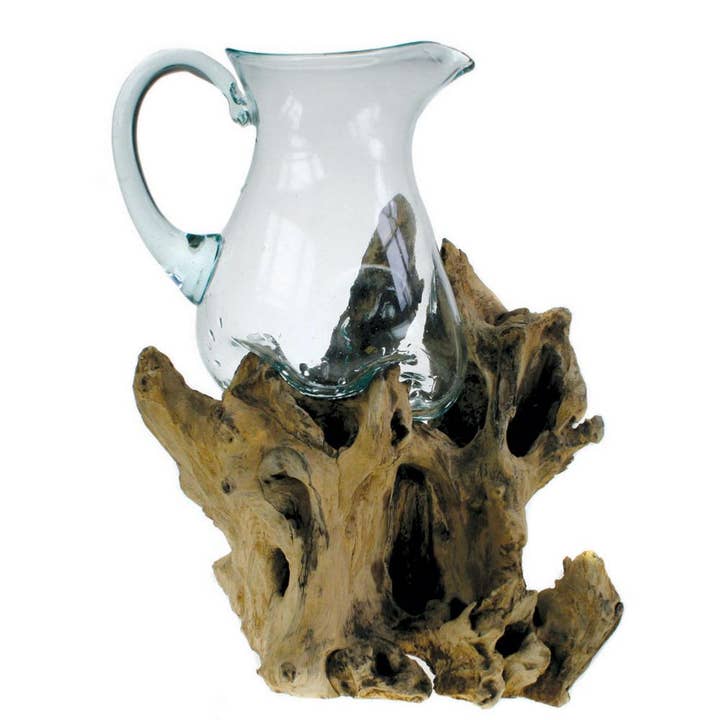 Shared Earth - Wholesale Decorative tabletop object - Shaped Jug on Wood, Recycled Glass Approx 32-35cm