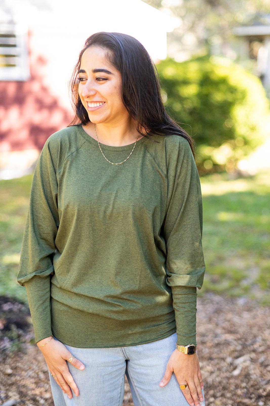 Knieriem Designs - Wholesale Knit Top - Women's - Green Rayon Jersey Long Sleeve Top with Cuffs2