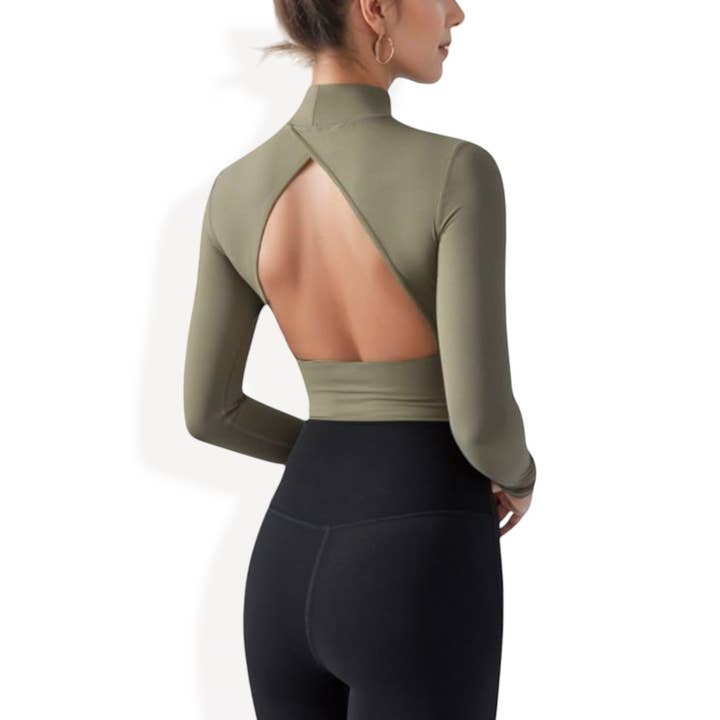 Active by Anna-Kaci - Wholesale Athletic Top - Women's - Long Sleeve Crop Top with Open Back and High Neck13