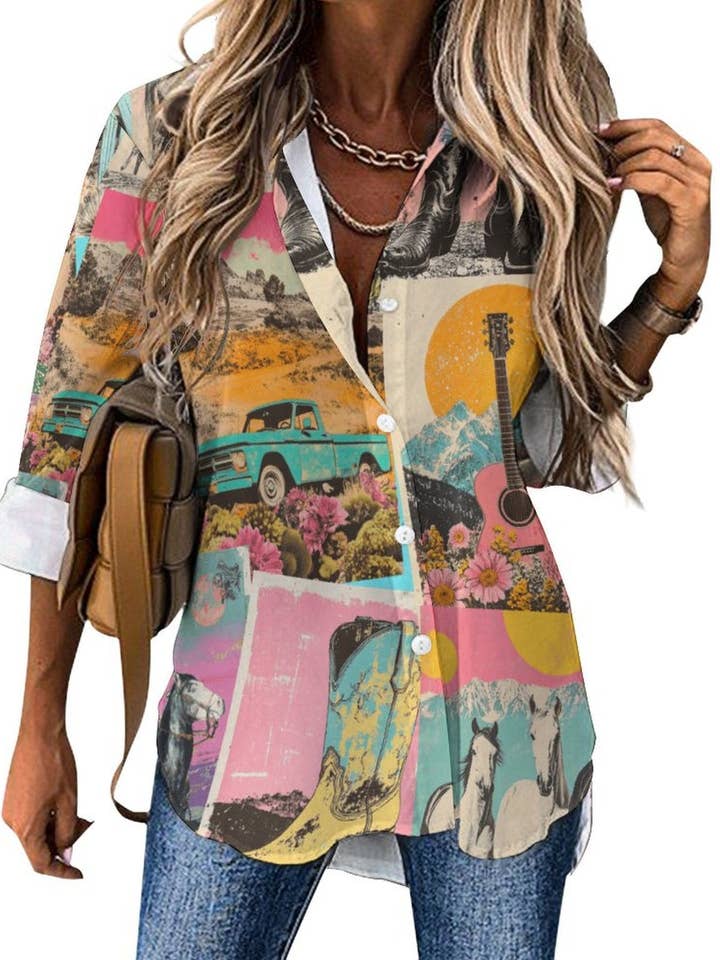 white Baha Ranch Wanted Retro Pop Western Vintage Button Up Shirt for wholesale on Faire