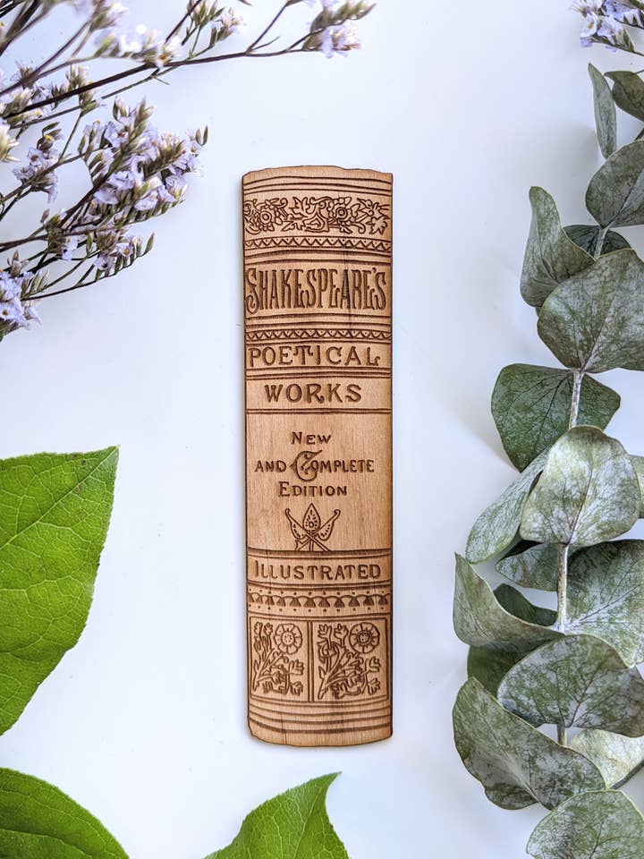 Shakespeare Book Spine Wooden Bookmark for wholesale by Emberglow Gaming