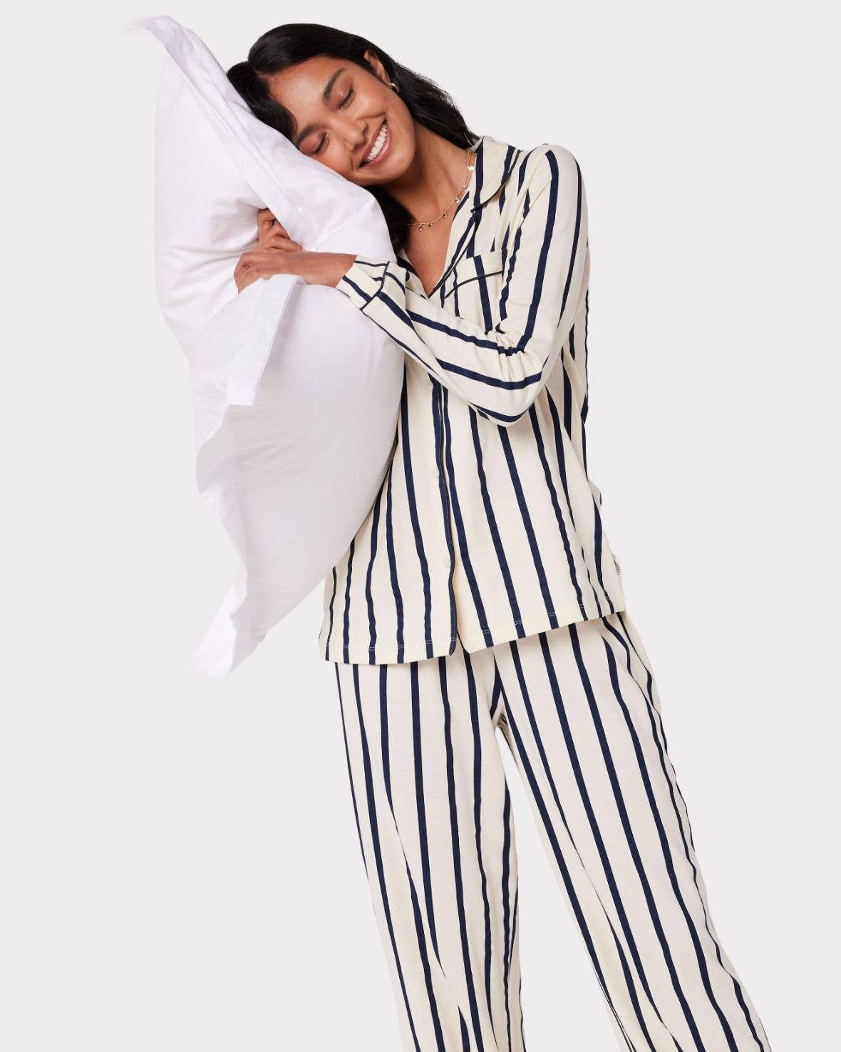 Organic Cotton Stripe Long Pyjama Set - Navy for wholesale on Faire