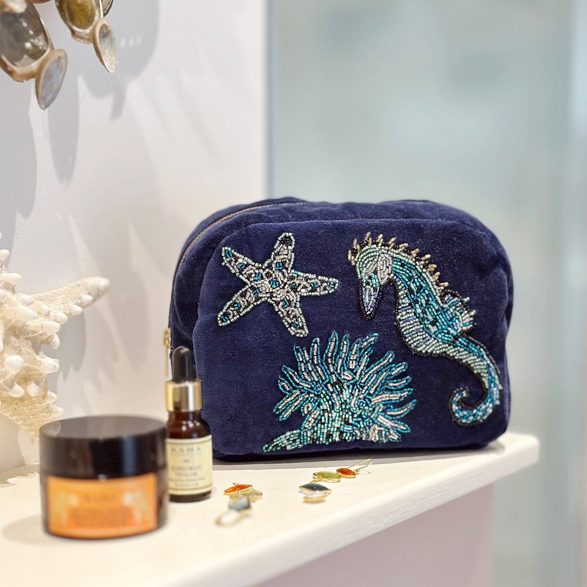 Cream Cornwall - Wholesale Makeup/Cosmetic Bag - Velvet Beaded Seahorse Cosmetic Bag1