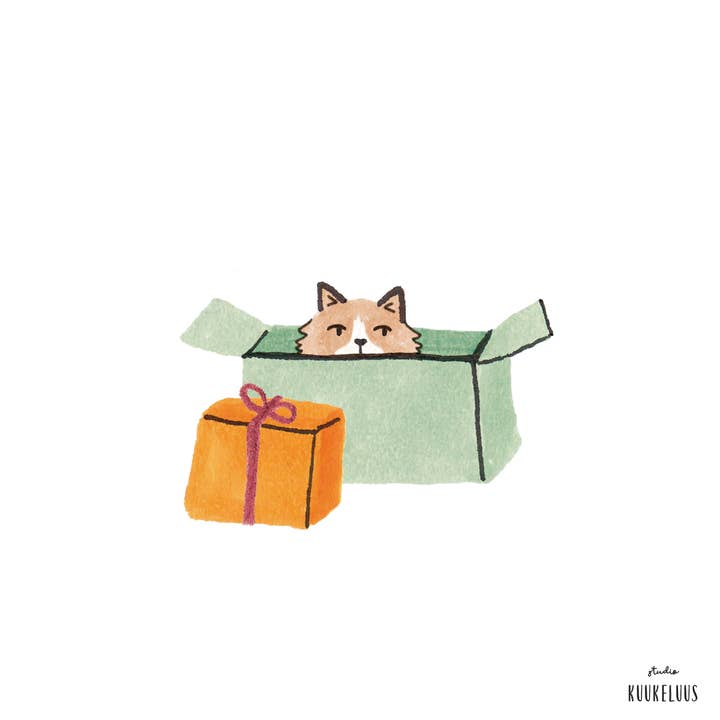 Studio Kuukeluus - Wholesale Christmas Card - Cosy Cat in Box Christmas Card2