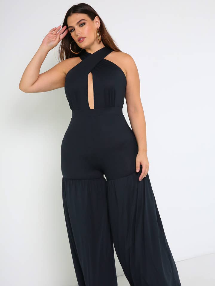 Black Memories Crossover Ruffled Jumpsuit for wholesale on Faire4