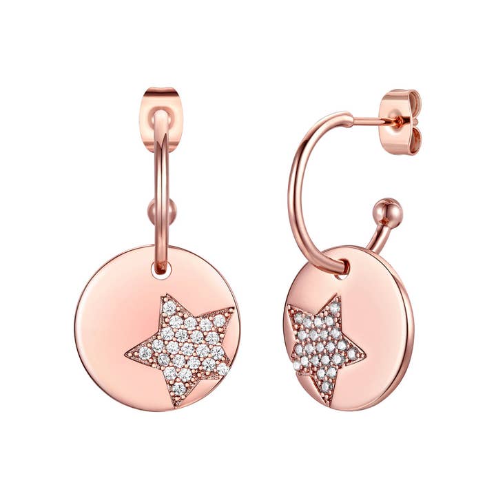 Star Motif Disc Drop Earrings with Pavé Accent Detail for wholesale by Genevive